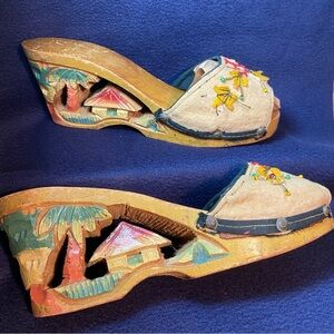 Antique 1940's WWII era Philippines Hand Carved Hand Painted Slide Sandals